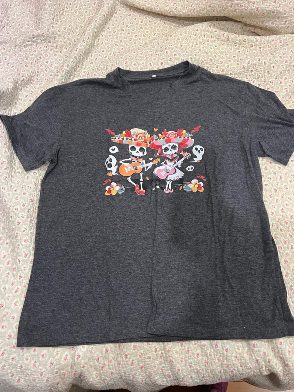 Women's Charcoal Gray Short Sleeve Tee with Day of the Dead Guitar Graphic